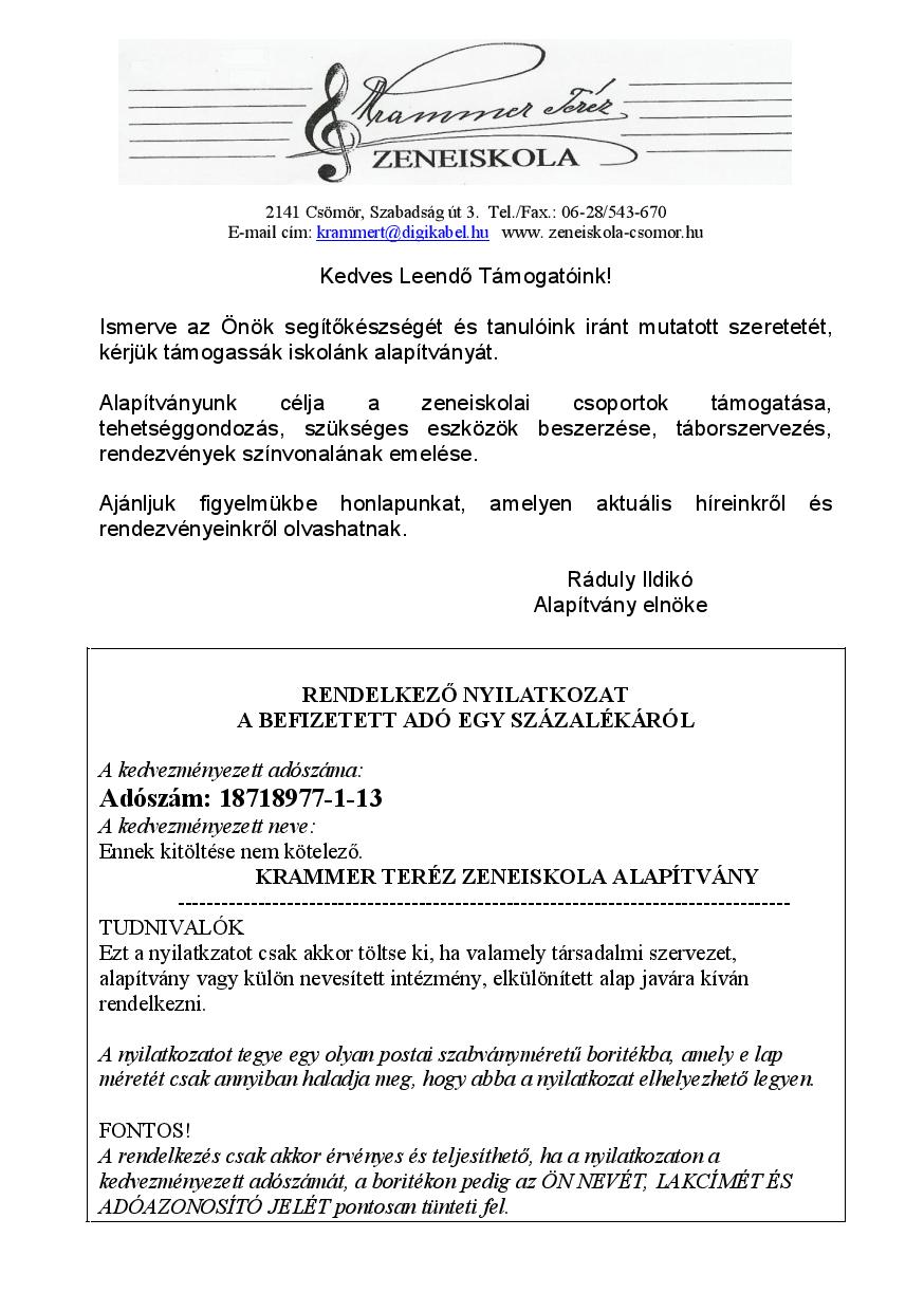 Zeneiskola támogatása az adó 1 %-val